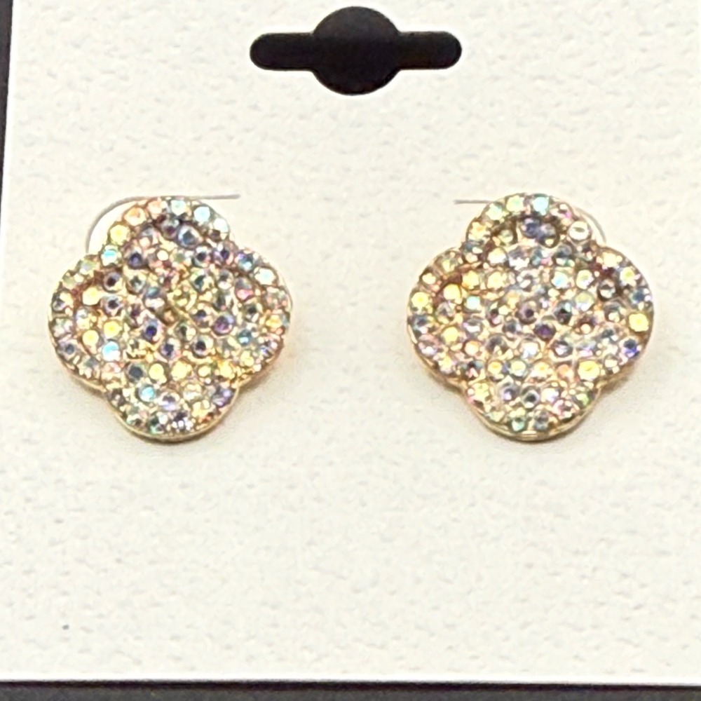 Blossom Clover Rhinestone Stud Earrings AB Crystal Iridescent Gold Tone‎